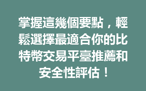 掌握這幾個要點，輕鬆選擇最適合你的比特幣交易平臺推薦和安全性評估！ 一